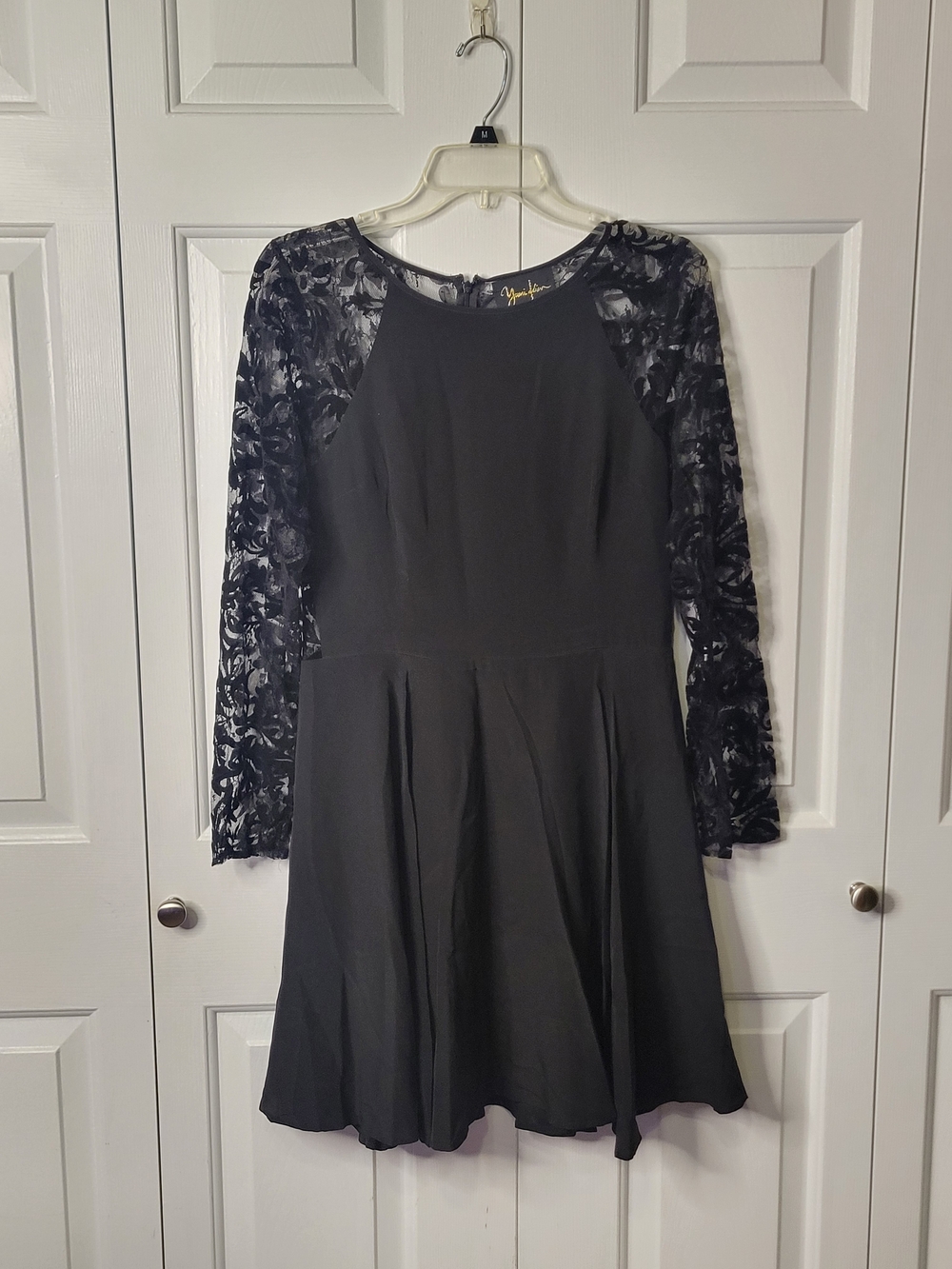 Yumi kim dress large L black lace pleated a line knee length Tea Party Formal